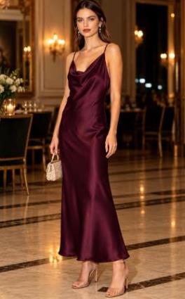 Vestido Midi Satinado Escote Drapeado
